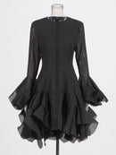 the COURTSY - Solid Spliced Button Slimming Dresses for Women, O-Neck Long Sleeve High Waist Patchwork Ruffles Dress