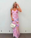 the PRETTY N PINK - Women's Clothing Sleeveless Wave-Edge Sling Dress V-Neck Sexy Ruffles High Waist Colorful Dress