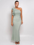the CASCADE - Shoulder Floral Mesh Ruched Sexy Maxi Dress for Women, Gown Oblique Shoulder Sleeveless Backless Bodycon Long Dress