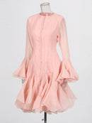 the COURTSY - Solid Spliced Button Slimming Dresses for Women, O-Neck Long Sleeve High Waist Patchwork Ruffles Dress
