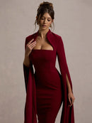 the MERLOT - Cape Long Sleeve Sexy Midi Dress for Women Autumn/Winter New Square Collar Back Slit Bodycon Club Party Long Dress