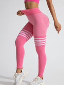 the GREYSTONE - Women Seamless Stripe Yoga Leggings Sexy High Waist Tummy Control Scrunch Butt Lifting GYM Workout Pants Outdoors Sports Fitness