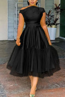 the STEPFORD WIFE - Plus Size Elegant A-Line Tulle Midi Dress for Women, Off the Shoulder Party Club Wedding Guest Prom Mid-Waist Dresses