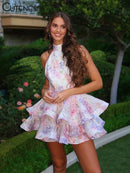 the DIXIE PIXIE - Halter Lace Up Sweet Women Mini Dress, Sexy Backless Ruffle Stacked A-Line Bodycon Female Fashion Princess Party Dress