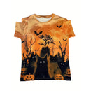 the WITCH'S CAT - Cute Cat Pumpkin 3D Printed Short Sleeves Summer Leisure Tees O-Neck T-Shirts, Halloween Witch Pattern T-Shirts for Women