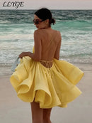 the BEACH BARBIE - Beach Backless Short Puffy Sling Dress, Women Sexy Lace Up Sleeveless A-Line Dresses, Summer Lady Vacation Seaside Solid Dress