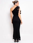the CASCADE - Shoulder Floral Mesh Ruched Sexy Maxi Dress for Women, Gown Oblique Shoulder Sleeveless Backless Bodycon Long Dress