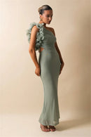 the CASCADE - Shoulder Floral Mesh Ruched Sexy Maxi Dress for Women, Gown Oblique Shoulder Sleeveless Backless Bodycon Long Dress