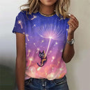 the MOON CAT - Cartoon Night Cat Pattern 3D Printed Loose O-Neck Short Sleeves T-Shirts for Women