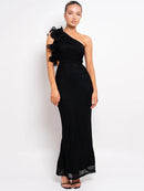 the CASCADE - Shoulder Floral Mesh Ruched Sexy Maxi Dress for Women, Gown Oblique Shoulder Sleeveless Backless Bodycon Long Dress