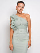 the CASCADE - Shoulder Floral Mesh Ruched Sexy Maxi Dress for Women, Gown Oblique Shoulder Sleeveless Backless Bodycon Long Dress