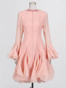 the COURTSY - Solid Spliced Button Slimming Dresses for Women, O-Neck Long Sleeve High Waist Patchwork Ruffles Dress
