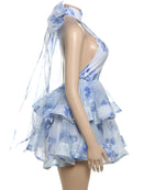the DIXIE PIXIE - Halter Lace Up Sweet Women Mini Dress, Sexy Backless Ruffle Stacked A-Line Bodycon Female Fashion Princess Party Dress