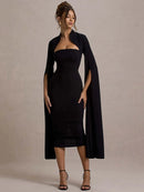 the MERLOT - Cape Long Sleeve Sexy Midi Dress for Women Autumn/Winter New Square Collar Back Slit Bodycon Club Party Long Dress