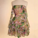 the ELEGANT ROSE - Chiffon Ruffle Dress for Women, Fashion Print Mini A-Line Holiday Party Dresses, Summer Sexy Backless Strapless Dress
