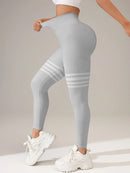 the GREYSTONE - Women Seamless Stripe Yoga Leggings Sexy High Waist Tummy Control Scrunch Butt Lifting GYM Workout Pants Outdoors Sports Fitness