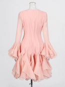 the COURTSY - Solid Spliced Button Slimming Dresses for Women, O-Neck Long Sleeve High Waist Patchwork Ruffles Dress
