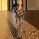 the LACE LUNCH DATE - Lace Transparent Sexy Hollow Out Maxi Dress, Elegant Outfits Women Flare Sleeve V-Neck Party/Club Dresses