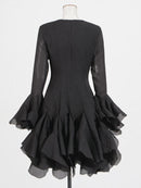 the COURTSY - Solid Spliced Button Slimming Dresses for Women, O-Neck Long Sleeve High Waist Patchwork Ruffles Dress