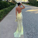 the LEMONELLO - Yellow Sequins Maxi Beach Dress, Women Sexy Backless Slim Party Fishtail Dress, Summer Mesh Patchwork Sheer Holiday Dress