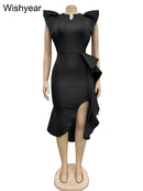 the SUNDAY BEST - Sexy Flare Short Sleeve High Side Split Ruffles Bodycon Midi Dress, Elegant Women Autumn Evening Wedding Party/Birthday Dress