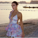 the SIXTEEN CANDLES - Sexy Flare Sleeve V-Neck Printed Mini Dress, Fashion Pleated A-line High Waist Gown New Lady Summer Evening Party/Club Dress