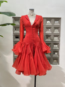 the COURTSY - Solid Spliced Button Slimming Dresses for Women, O-Neck Long Sleeve High Waist Patchwork Ruffles Dress