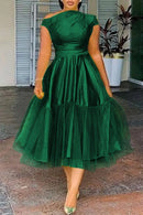 the STEPFORD WIFE - Plus Size Elegant A-Line Tulle Midi Dress for Women, Off the Shoulder Party Club Wedding Guest Prom Mid-Waist Dresses