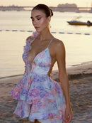 the SIXTEEN CANDLES - Sexy Flare Sleeve V-Neck Printed Mini Dress, Fashion Pleated A-line High Waist Gown New Lady Summer Evening Party/Club Dress
