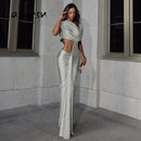 the SATIN SAND - Women Ruched Diagonal Collar Shorts Sleeve Waistless Slits Street Trend Elegant Long Bodycon Dress