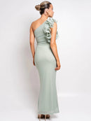 the CASCADE - Shoulder Floral Mesh Ruched Sexy Maxi Dress for Women, Gown Oblique Shoulder Sleeveless Backless Bodycon Long Dress