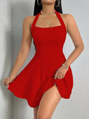 the DONNA - Solid Color Sleeveless Low-Cut Mini Dress