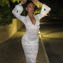the LACE LUNCH DATE - Lace Transparent Sexy Hollow Out Maxi Dress, Elegant Outfits Women Flare Sleeve V-Neck Party/Club Dresses