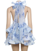 the DIXIE PIXIE - Halter Lace Up Sweet Women Mini Dress, Sexy Backless Ruffle Stacked A-Line Bodycon Female Fashion Princess Party Dress