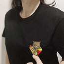the HUNGRY CAT - Funny Cats Printed Pocket Cotton Short Sleeve T-Shirts for Women