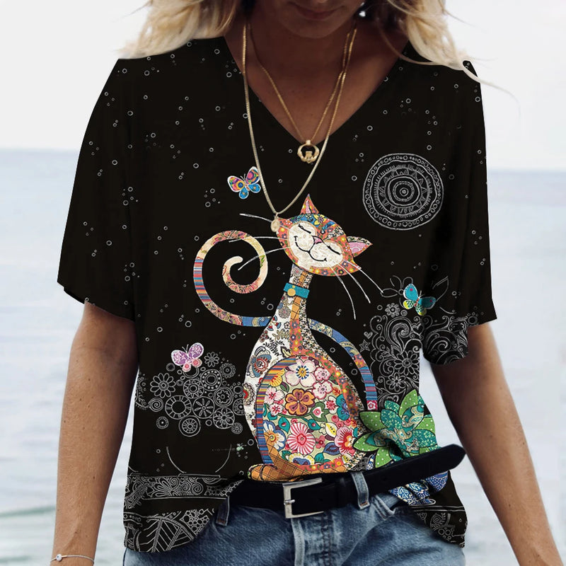 the DECO ART CAT - Cat Print Loose Leisure Summer Short Sleeve V-Neck T-Shirts for Women