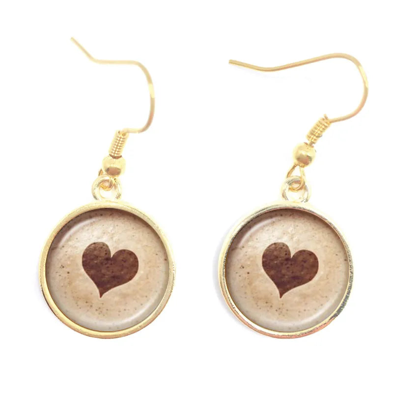 the CAPPUCCINO CHRISTMAS - Coffee Latte Carving Love Heart Art Drop Earrings Chocolate Printing Flower Four Leaf Clover Charm Jewelry For Women Girls Gift