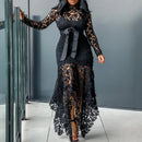 the LAUREN - Vintage Party Sexy Black Lace Long Dress Plus Size Mesh Hollow Bodycon