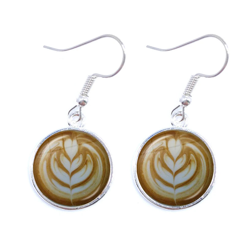 the CAPPUCCINO CHRISTMAS - Coffee Latte Carving Love Heart Art Drop Earrings Chocolate Printing Flower Four Leaf Clover Charm Jewelry For Women Girls Gift