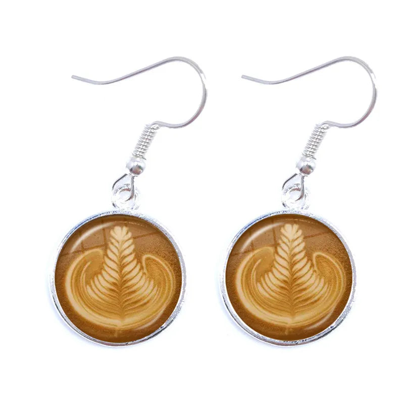 the CAPPUCCINO CHRISTMAS - Coffee Latte Carving Love Heart Art Drop Earrings Chocolate Printing Flower Four Leaf Clover Charm Jewelry For Women Girls Gift