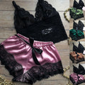 the SILKY SLUMBER - 2Pcs Sexy Women See-through Lace Tube Top Bra Satin Short Pants Pajamas Set Christmas Gift