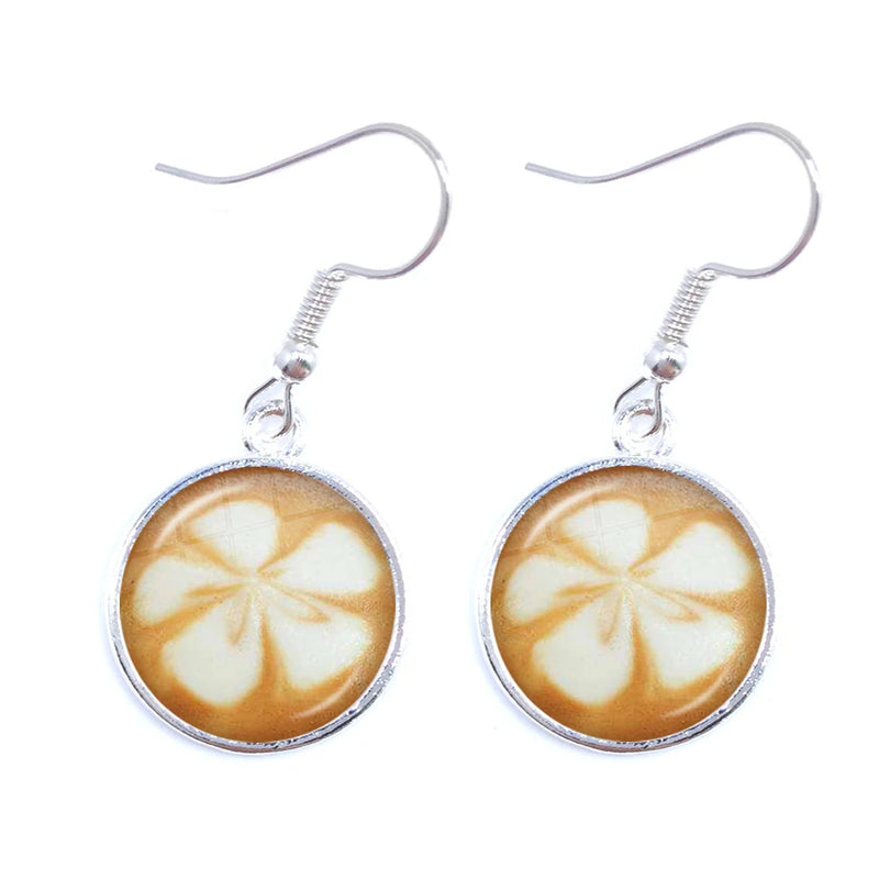 the CAPPUCCINO CHRISTMAS - Coffee Latte Carving Love Heart Art Drop Earrings Chocolate Printing Flower Four Leaf Clover Charm Jewelry For Women Girls Gift