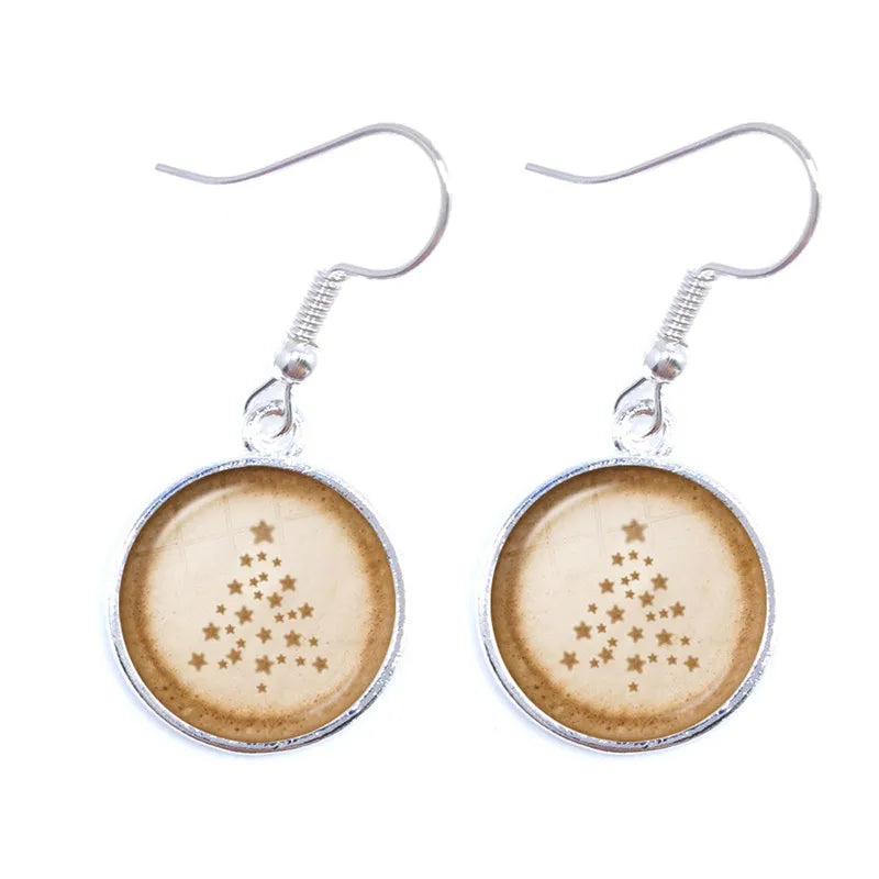 the CAPPUCCINO CHRISTMAS - Coffee Latte Carving Love Heart Art Drop Earrings Chocolate Printing Flower Four Leaf Clover Charm Jewelry For Women Girls Gift