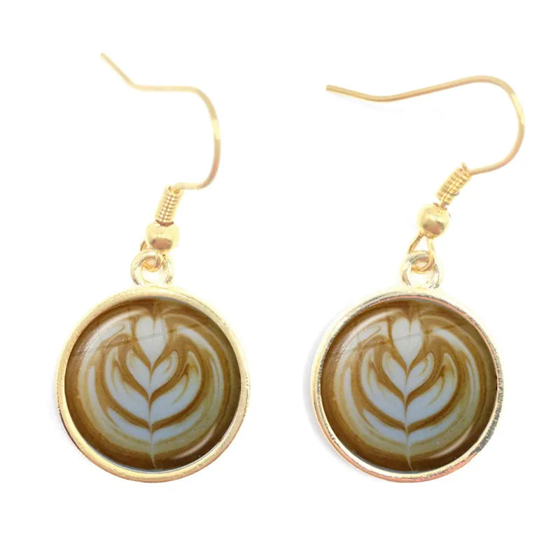 the CAPPUCCINO CHRISTMAS - Coffee Latte Carving Love Heart Art Drop Earrings Chocolate Printing Flower Four Leaf Clover Charm Jewelry For Women Girls Gift