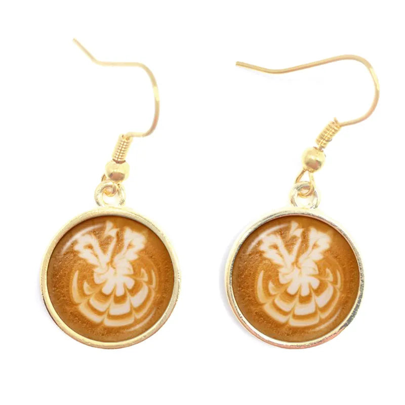 the CAPPUCCINO CHRISTMAS - Coffee Latte Carving Love Heart Art Drop Earrings Chocolate Printing Flower Four Leaf Clover Charm Jewelry For Women Girls Gift