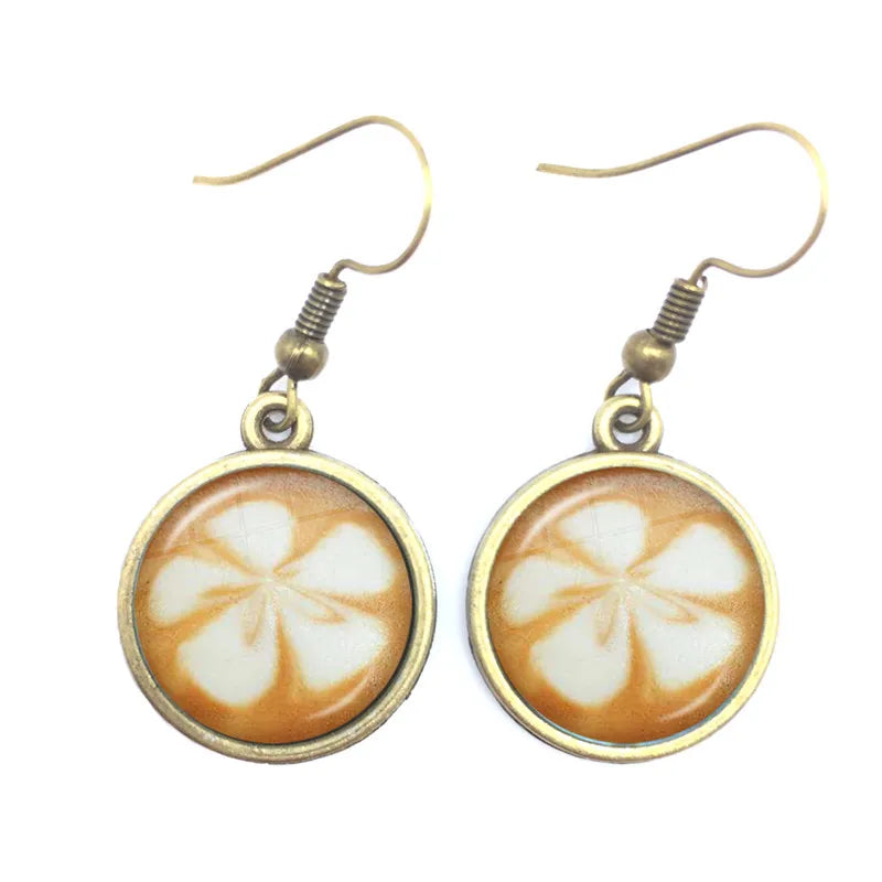 the CAPPUCCINO CHRISTMAS - Coffee Latte Carving Love Heart Art Drop Earrings Chocolate Printing Flower Four Leaf Clover Charm Jewelry For Women Girls Gift