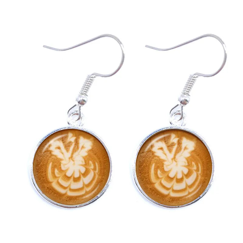 the CAPPUCCINO CHRISTMAS - Coffee Latte Carving Love Heart Art Drop Earrings Chocolate Printing Flower Four Leaf Clover Charm Jewelry For Women Girls Gift