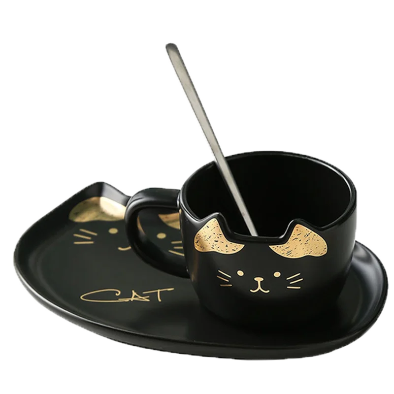 Cute Cat Ceramics Coffee Mug Set Handgrip Animal Mugs with Tray Creative Drinkware Coffee Tea Cups Novelty Milk Cup Breakfast