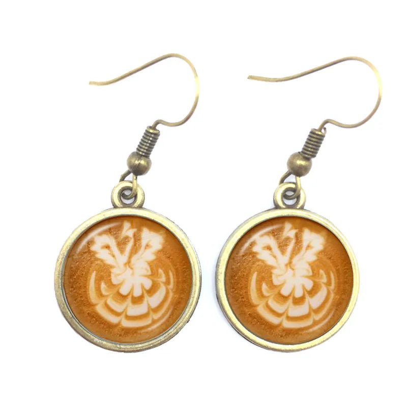 the CAPPUCCINO CHRISTMAS - Coffee Latte Carving Love Heart Art Drop Earrings Chocolate Printing Flower Four Leaf Clover Charm Jewelry For Women Girls Gift