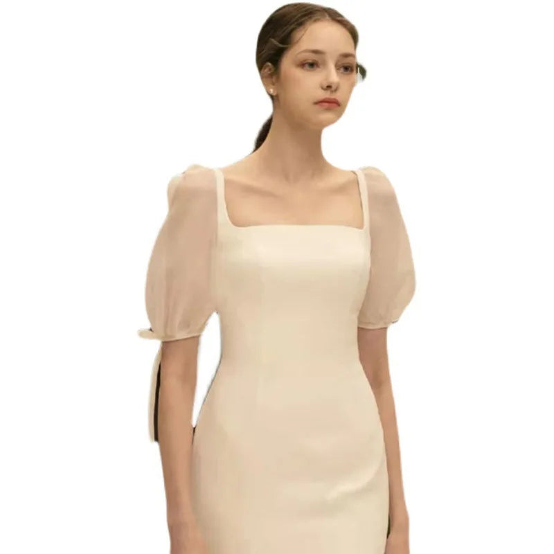 the MEGAN - Wedding Bride Satin Retro Light Dress Square Neck Fishtail Thin Simple Gowns